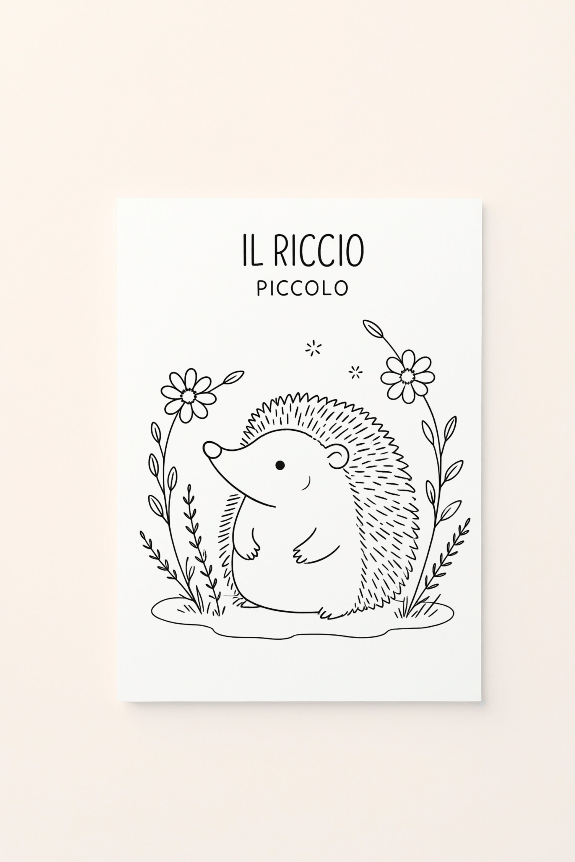 Poster per bambini con riccio piccolo , da colorare , ambientato su sfondo rosato per cameretta.