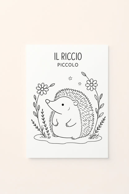 Poster per bambini con riccio piccolo , da colorare , ambientato su sfondo rosato per cameretta.