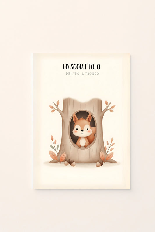 Poster per bambini con scoiattolo illustrato dentro la cavità di un tronco, accompagnato da foglie e piccoli elementi autunnali, presentato su sfondo rosato.
