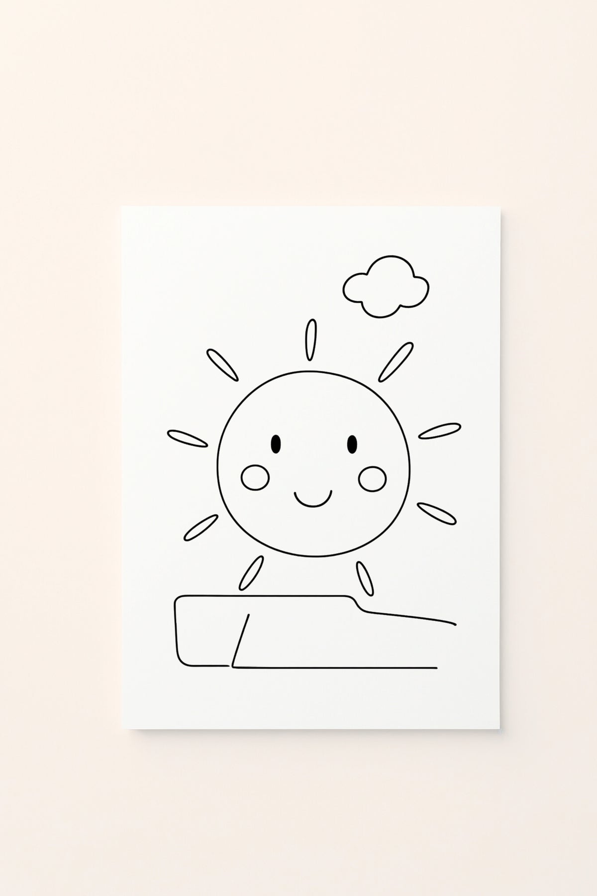 Poster educativo per bambini in bianco e nero da colorare con sole e prato, su delicato sfondo rosato.