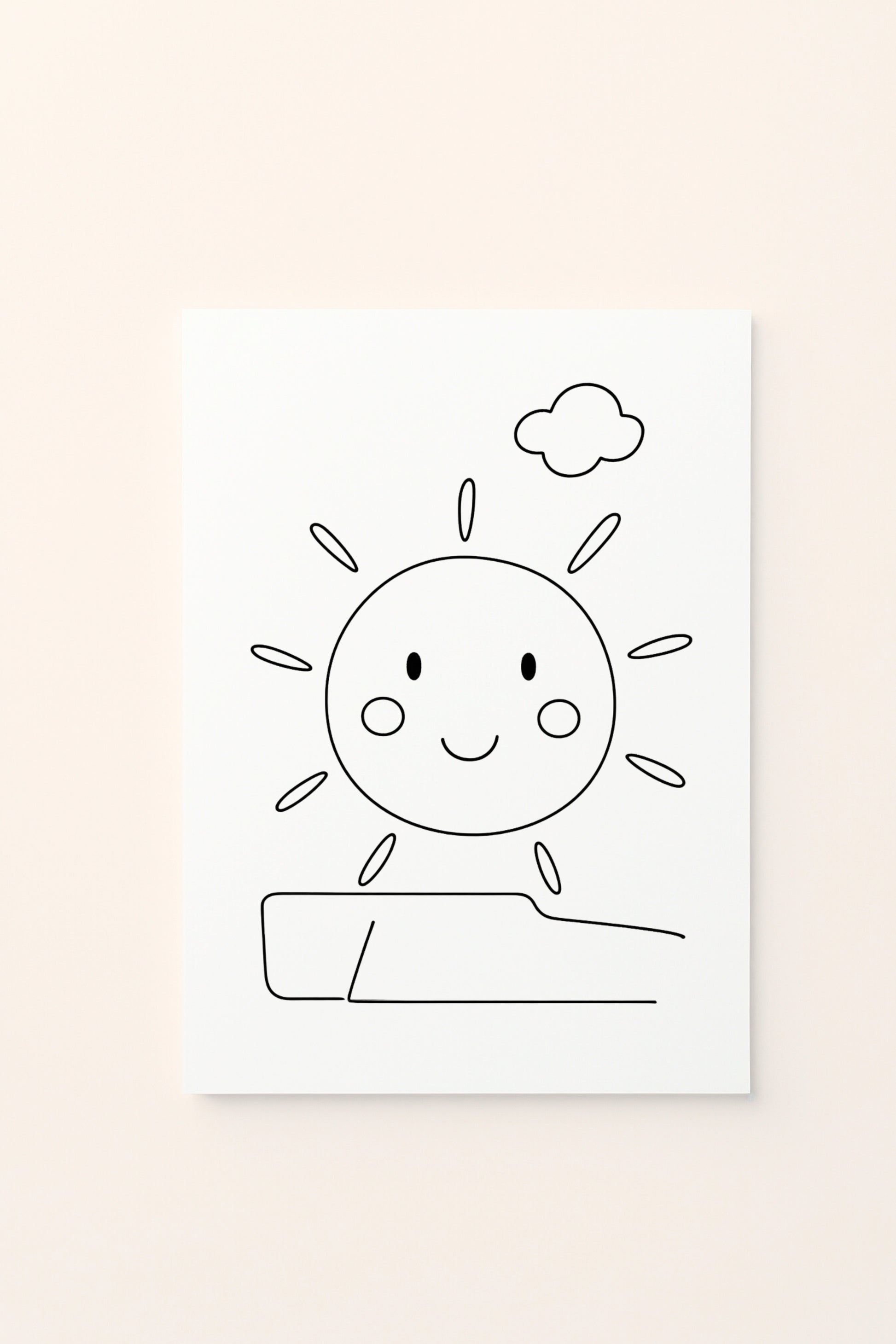 Poster educativo per bambini in bianco e nero da colorare con sole e prato, su delicato sfondo rosato.