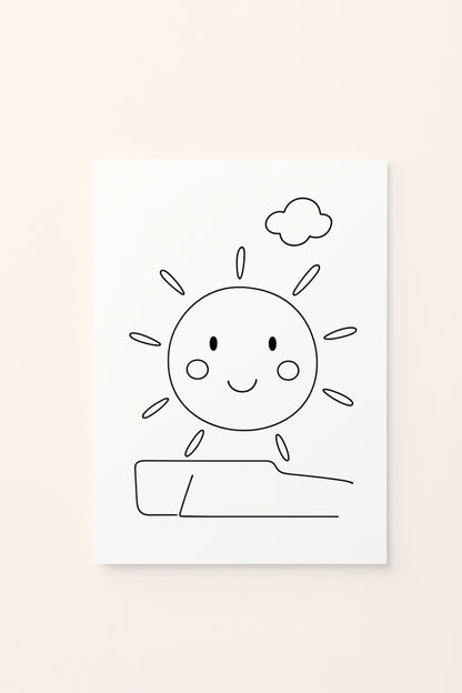 Poster educativo per bambini in bianco e nero da colorare con sole e prato, su delicato sfondo rosato.
