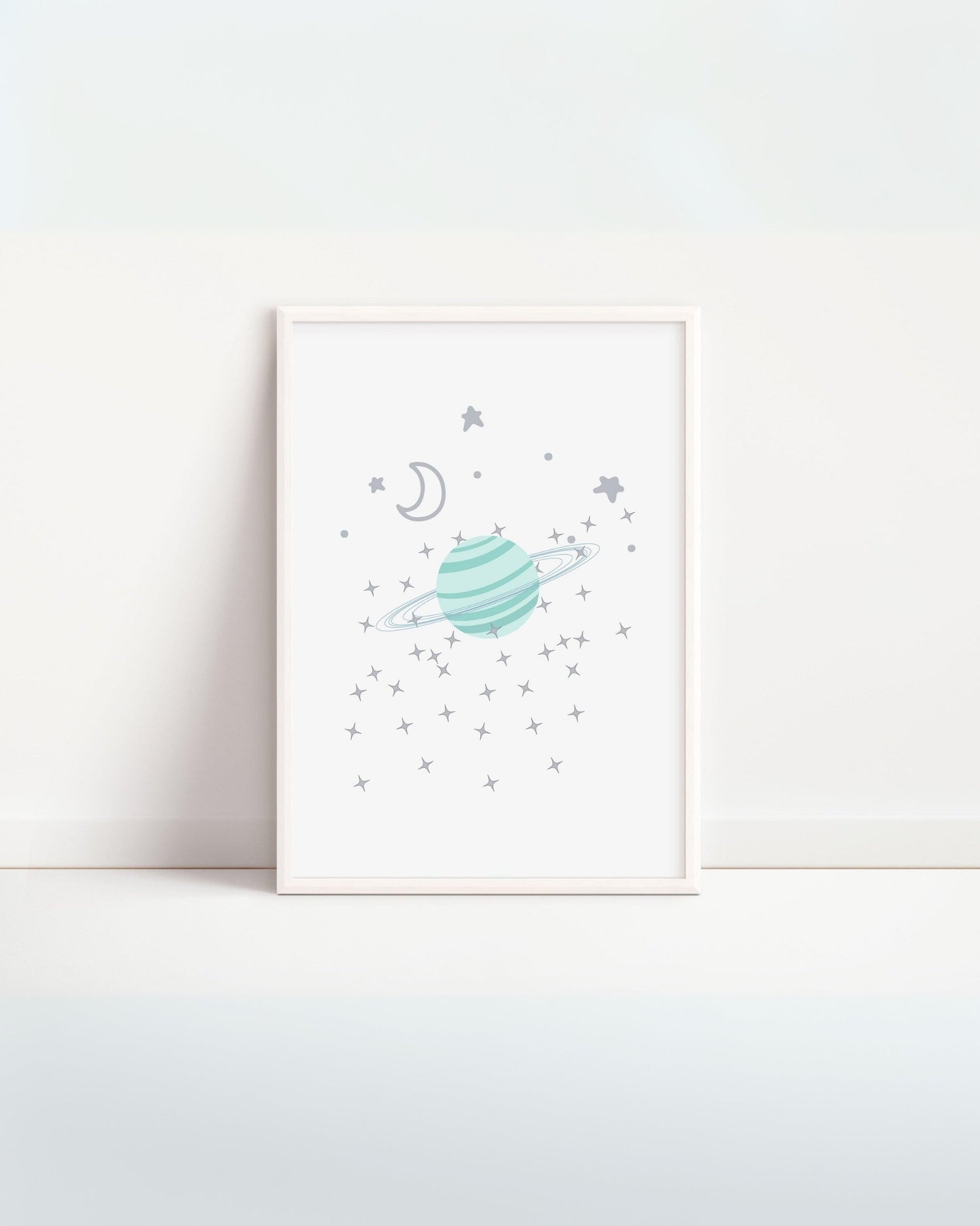 "Poster per bambini da stampare – pianeta con anello e luna, illustrazione digitale con stelle"