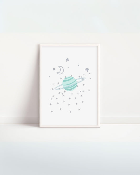 "Poster per bambini da stampare – pianeta con anello e luna, illustrazione digitale con stelle"