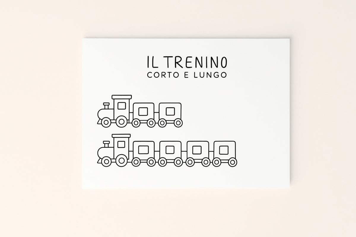 Poster educativo per bambini in bianco e nero da colorare con trenino per riconoscere i concetti di corto e lungo, su delicato sfondo rosato.