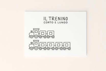 Poster educativo per bambini in bianco e nero da colorare con trenino per riconoscere i concetti di corto e lungo, su delicato sfondo rosato.