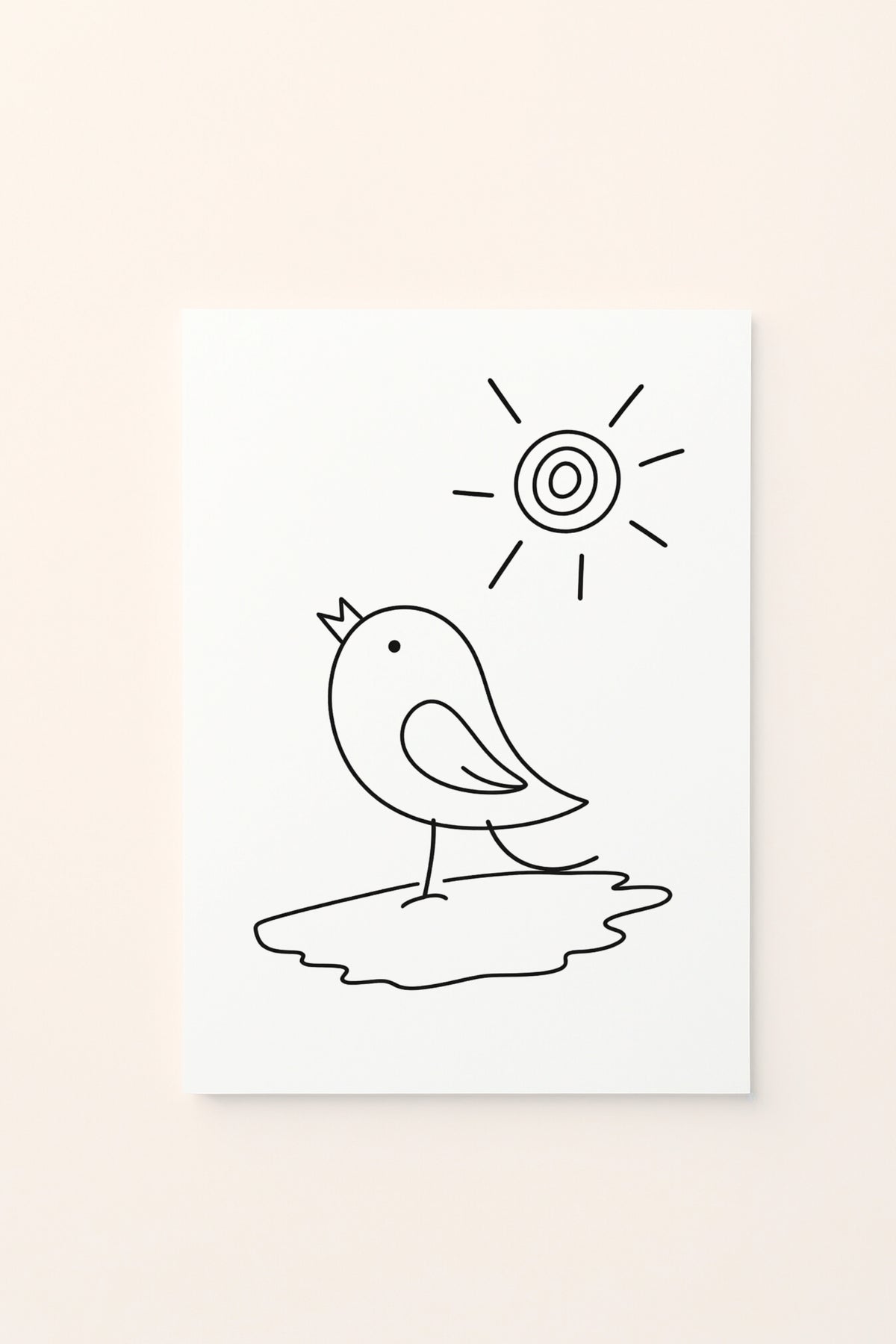 Poster educativo per bambini in bianco e nero da colorare con uccellino rosa e sole, su delicato sfondo rosato.