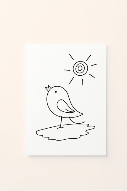 Poster educativo per bambini in bianco e nero da colorare con uccellino rosa e sole, su delicato sfondo rosato.