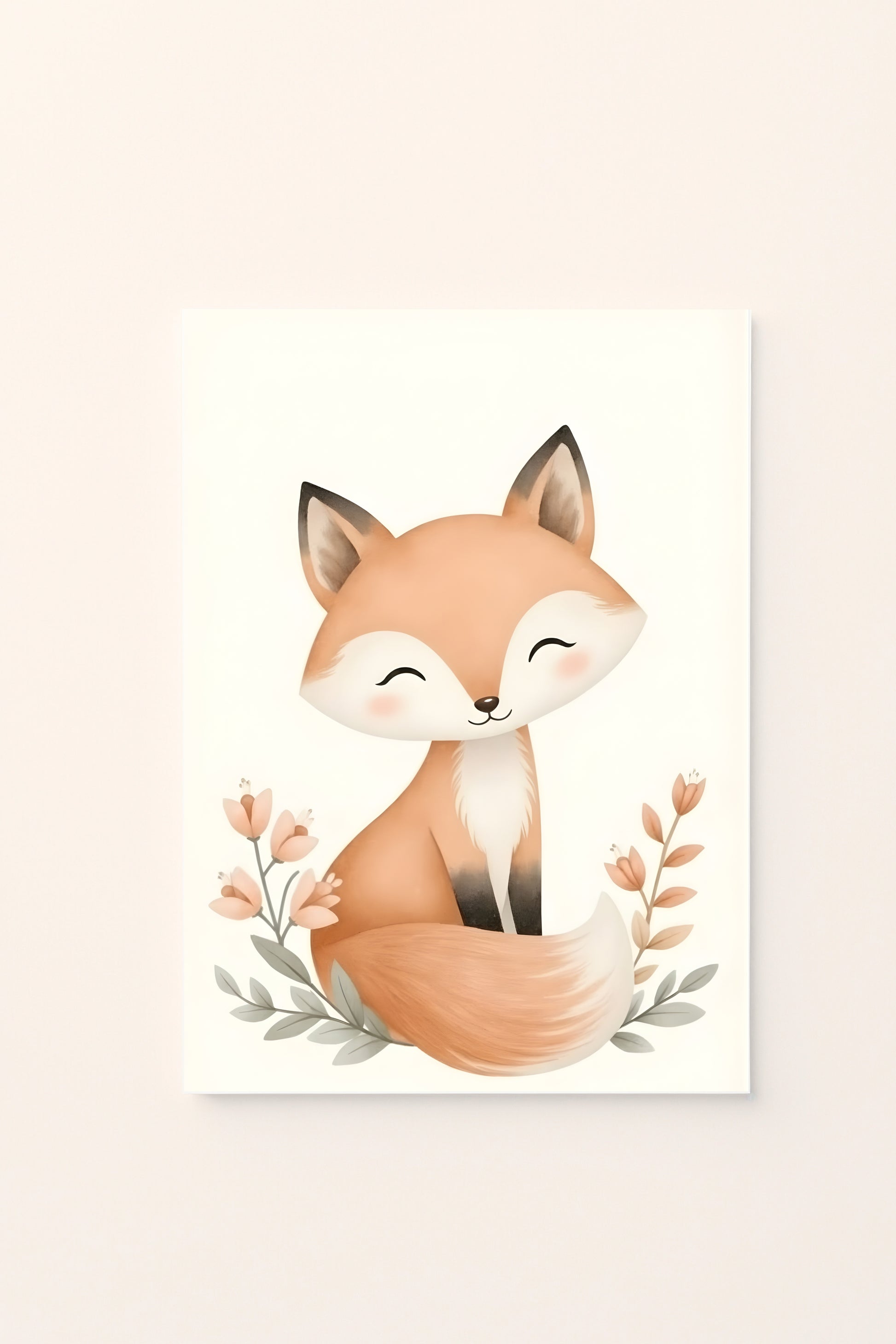 Poster autunnale per bambini con dolce volpe arancione sorridente circondata da fiori e foglie, su sfondo rosato.