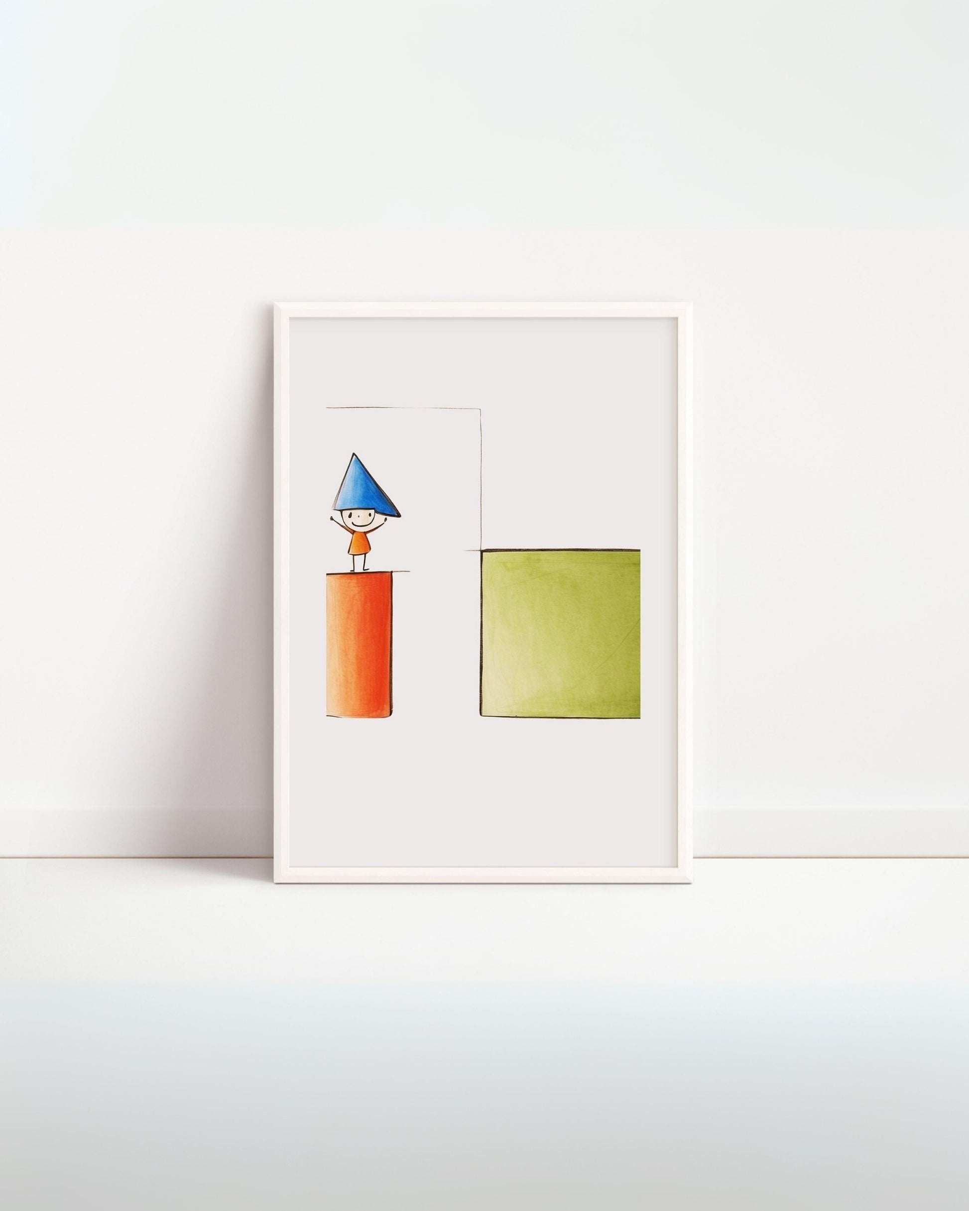 Poster digitale “Il Bambino delle Forme” in cornice bianca, con figure geometriche colorate, ideale per arredare la cameretta dei bambini.