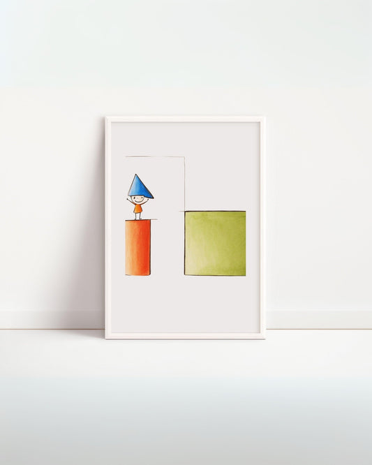 Poster digitale “Il Bambino delle Forme” in cornice bianca, con figure geometriche colorate, ideale per arredare la cameretta dei bambini.