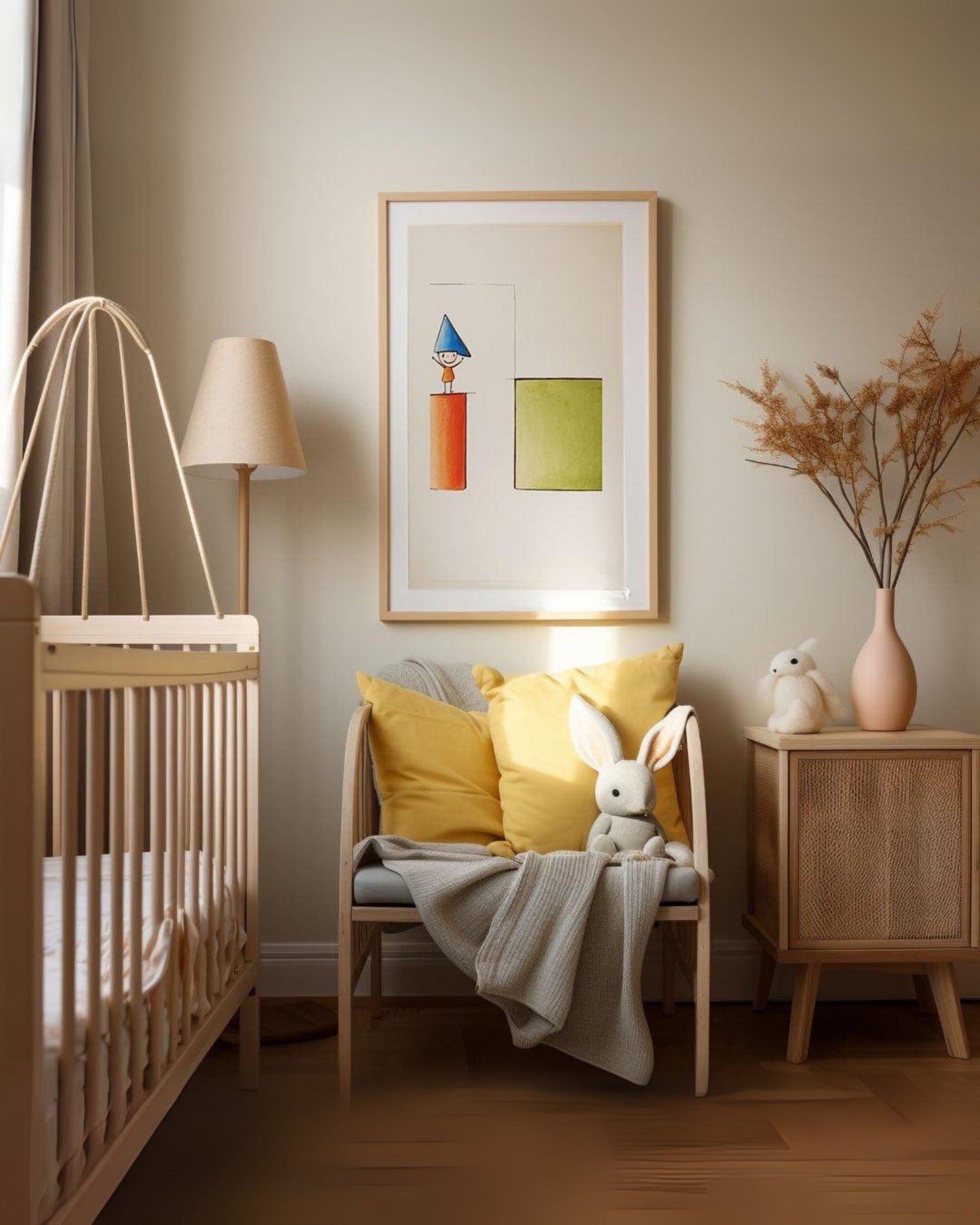 Poster con bambino e forme geometriche in cornice di legno, appeso al muro sopra una sedia con cuscini gialli e peluche coniglio, accanto a un comodino e una culla.