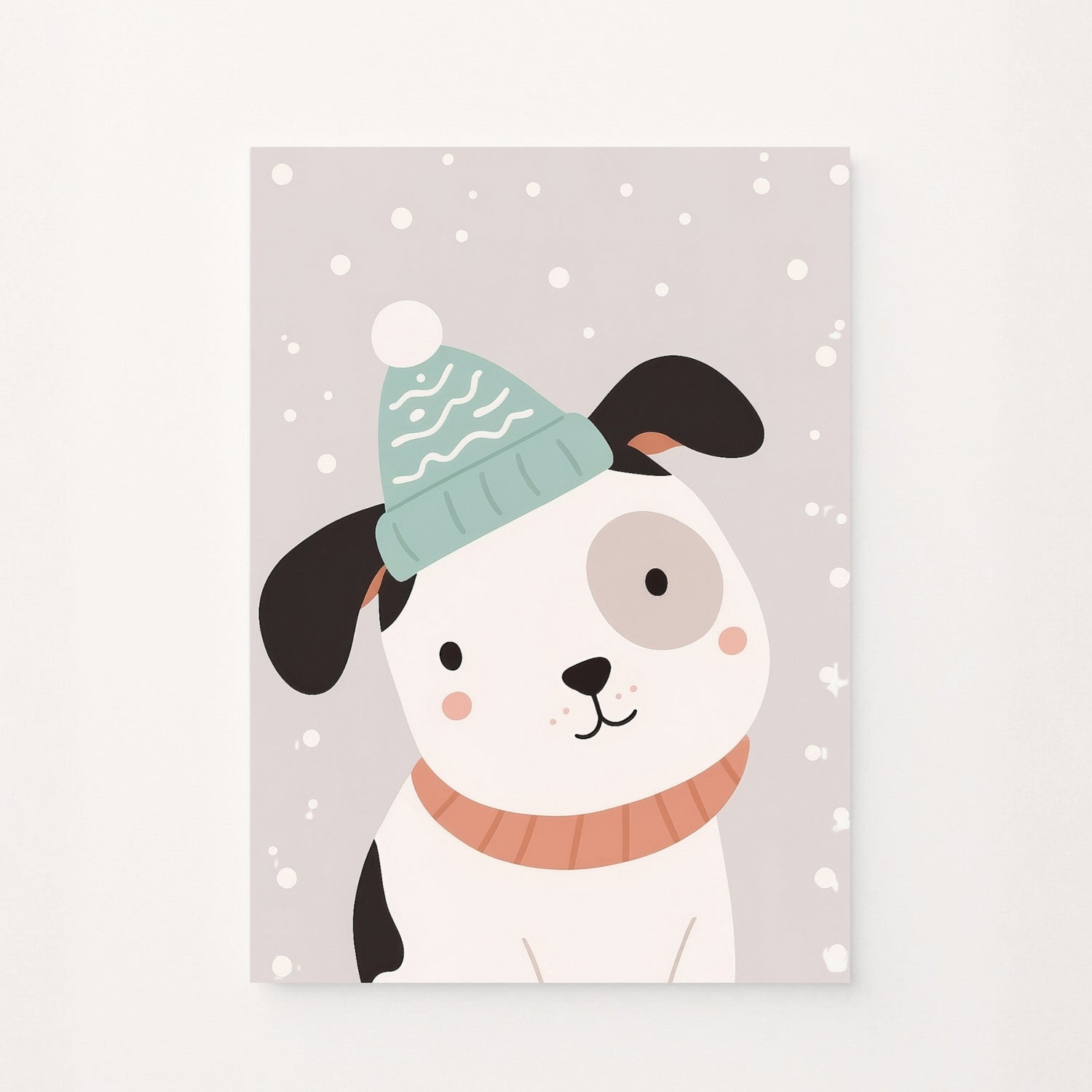 Poster decorativo per bambini con un cagnolino invernale con cappello su sfondo grigio innevato. Design dolce e rassicurante.