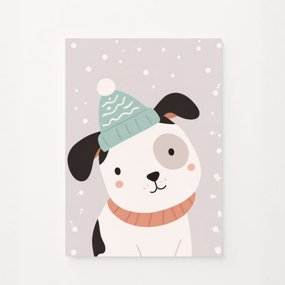 Poster decorativo per bambini con un cagnolino invernale con cappello su sfondo grigio innevato. Design dolce e rassicurante.