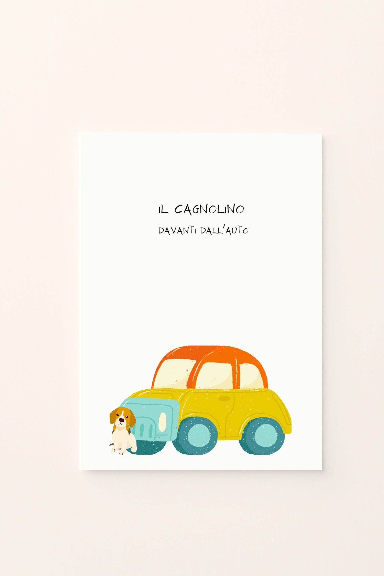 Poster educativo con cagnolino visto davanti all'auto, su sfondo rosato. Ideale per decorare la cameretta e insegnare ai bambini le prime nozioni di orientamento in modo tenero e divertente.
