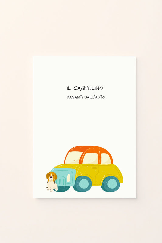 Poster educativo con cagnolino visto davanti all'auto, su sfondo rosato. Ideale per decorare la cameretta e insegnare ai bambini le prime nozioni di orientamento in modo tenero e divertente.
