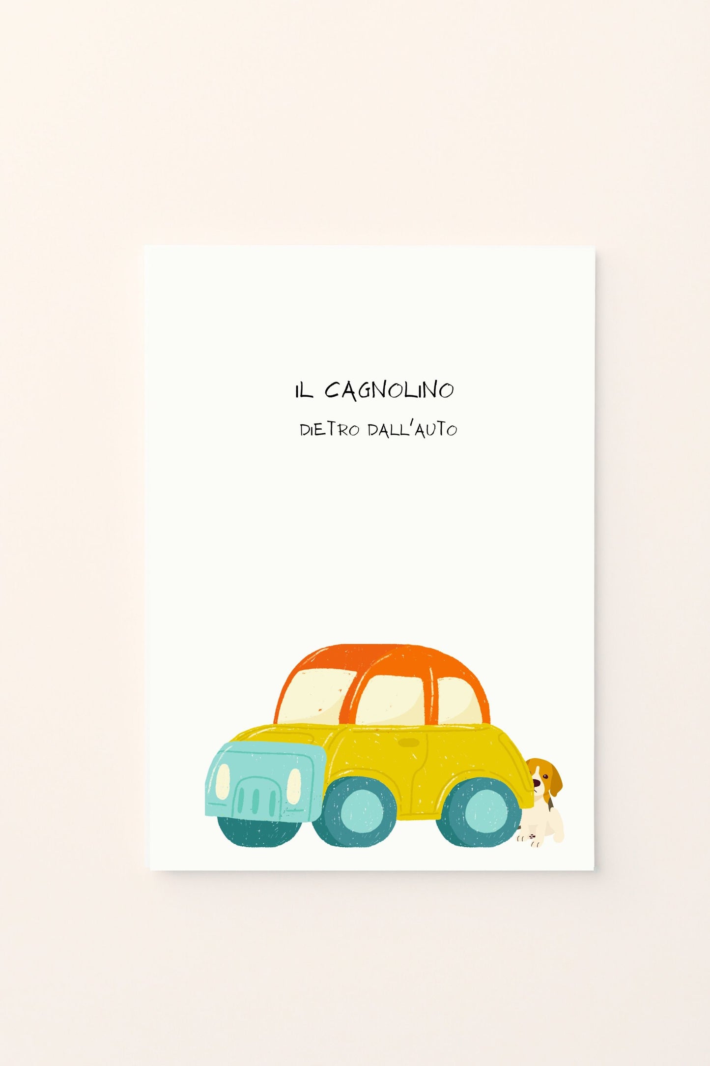 Poster educativo con cagnolino visto dietro l'auto, su sfondo rosato. Ideale per decorare la cameretta e insegnare ai bambini le prime nozioni di orientamento in modo tenero e divertente.
