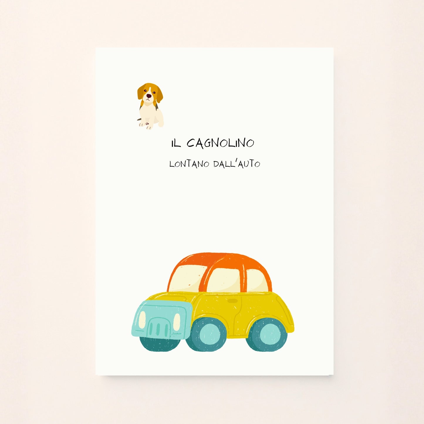 Poster educativo con un cagnolino lontano  da una auto  ,  ideale per decorare la cameretta e insegnare ai bambini i concetti di distanza in modo semplice e visivo.
