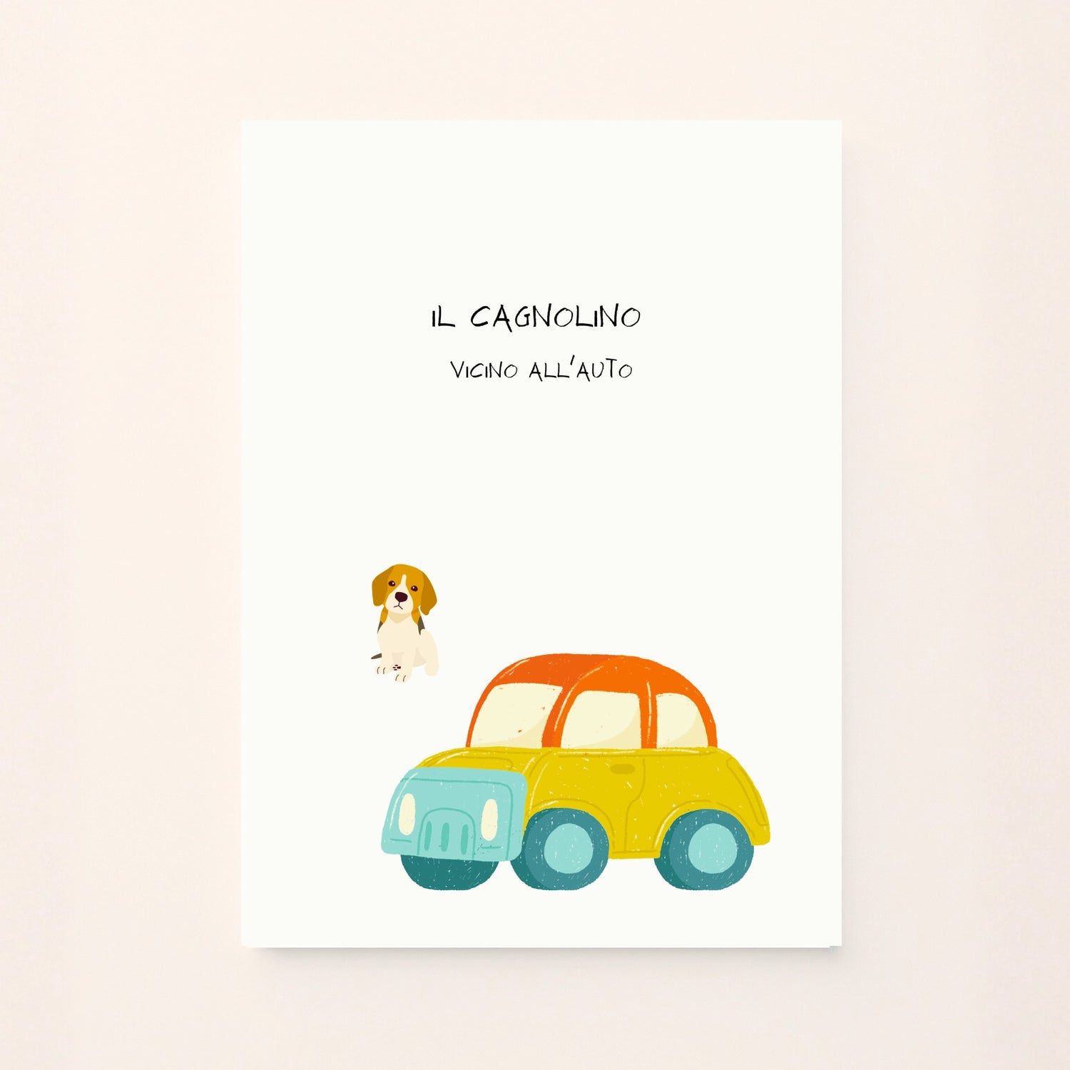 Poster educativo con un cagnolino, vicino  a una auto  ,  ideale per decorare la cameretta e insegnare ai bambini i concetti di distanza in modo semplice e visivo.
