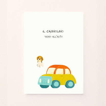 Poster educativo con un cagnolino, vicino  a una auto  ,  ideale per decorare la cameretta e insegnare ai bambini i concetti di distanza in modo semplice e visivo.
