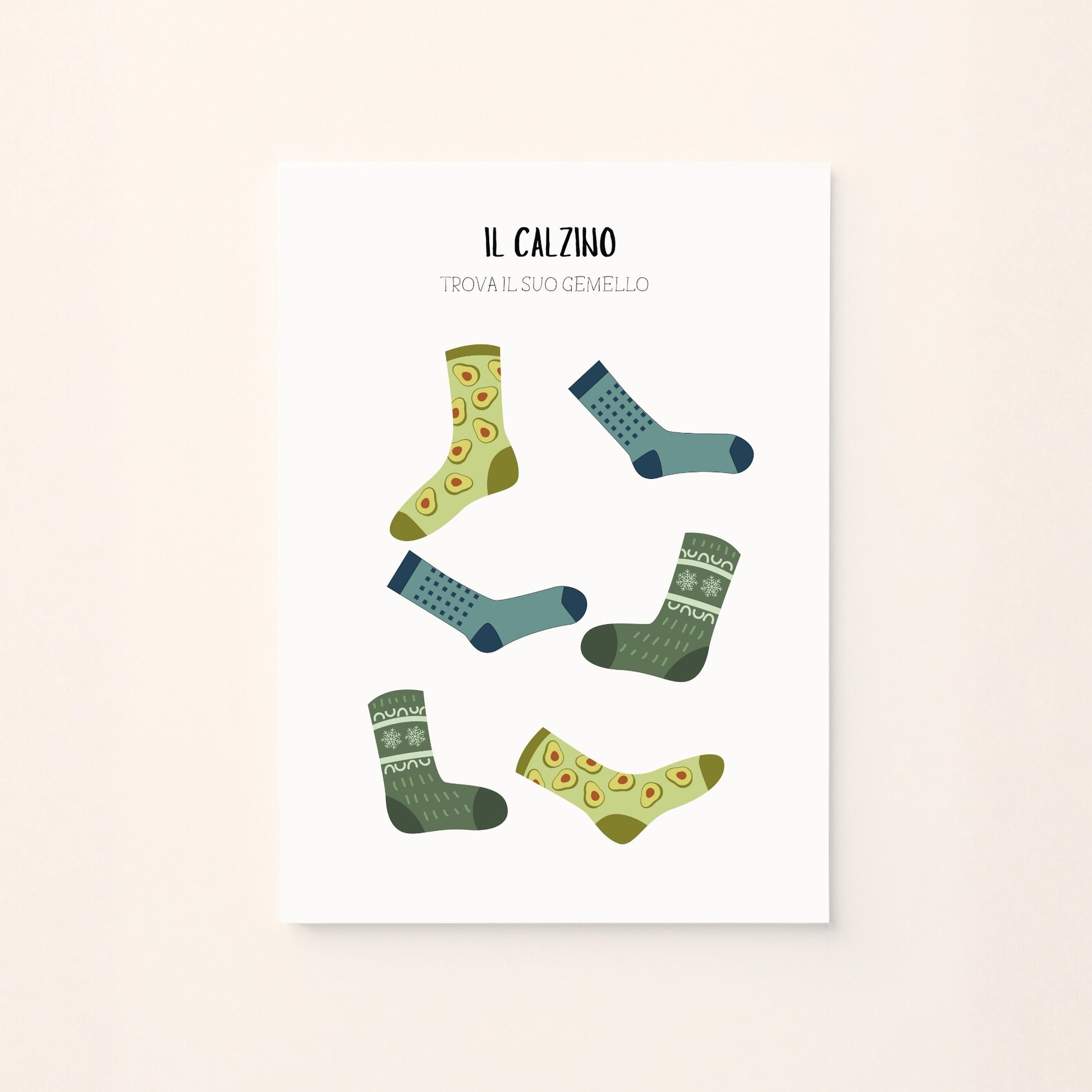 Poster educativo con calzini nei toni freddi da abbinare al loro gemello, per attività di associazione.