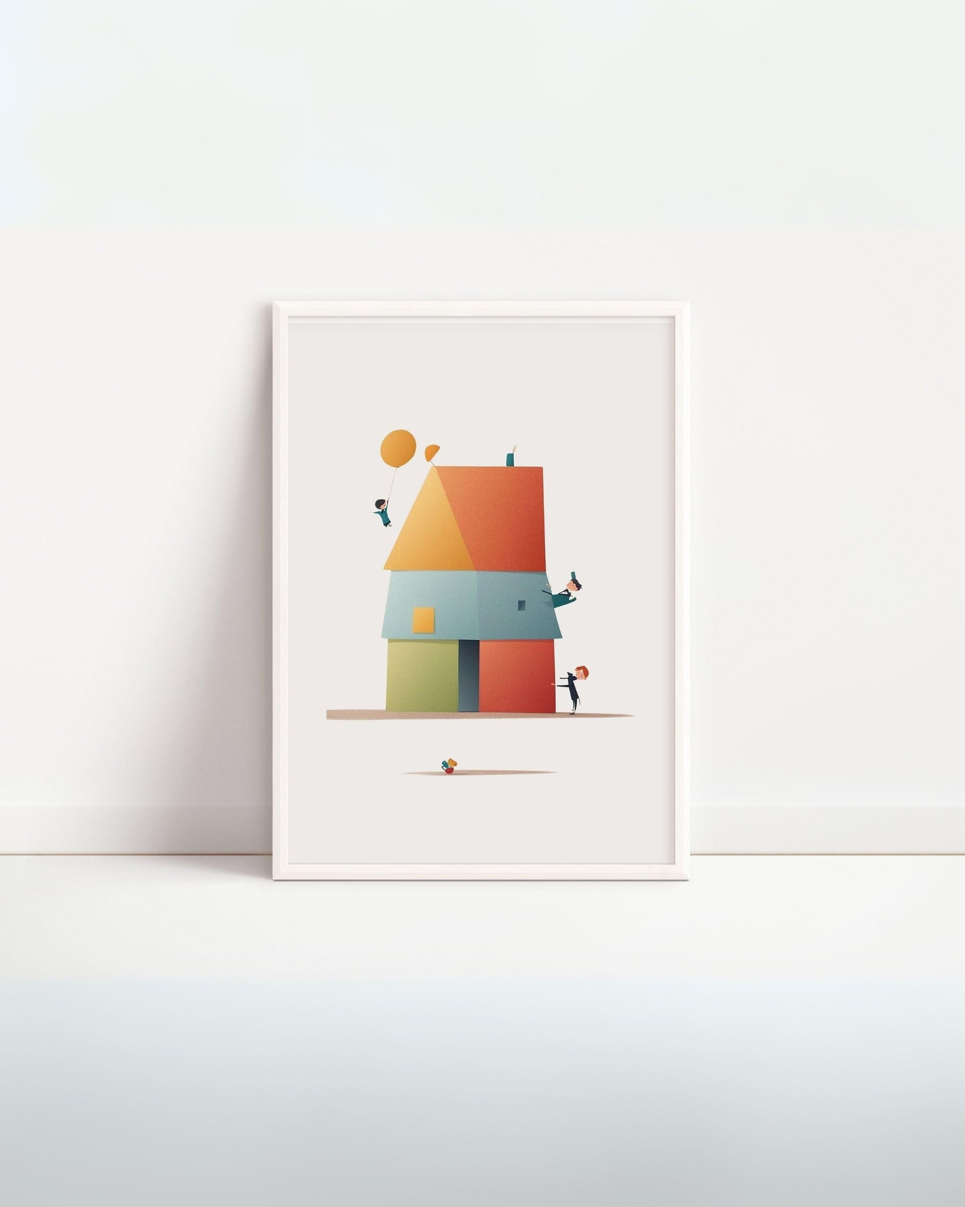 Poster geometrico “Casa in Quadro” con casetta stilizzata composta da quadrati e triangoli colorati, cornice bianca su sfondo minimal.