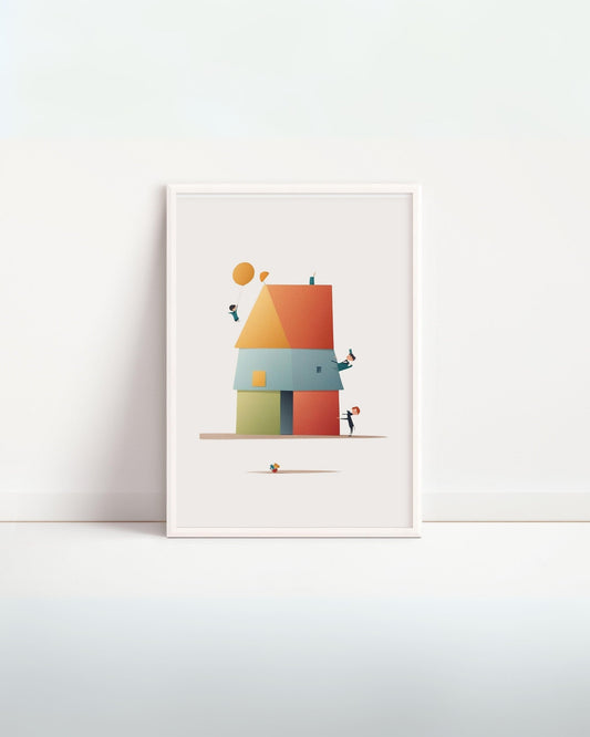 Poster geometrico “Casa in Quadro” con casetta stilizzata composta da quadrati e triangoli colorati, cornice bianca su sfondo minimal.