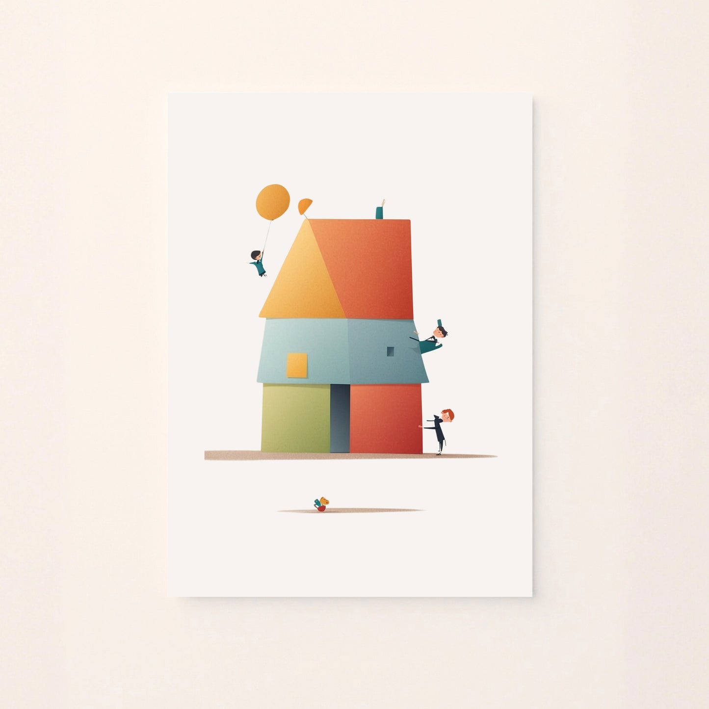 Poster illustrato con una piccola casa all’interno di un quadro su sfondo rosato, ideale per decorare la cameretta dei bambini con un tocco dolce e creativo.
