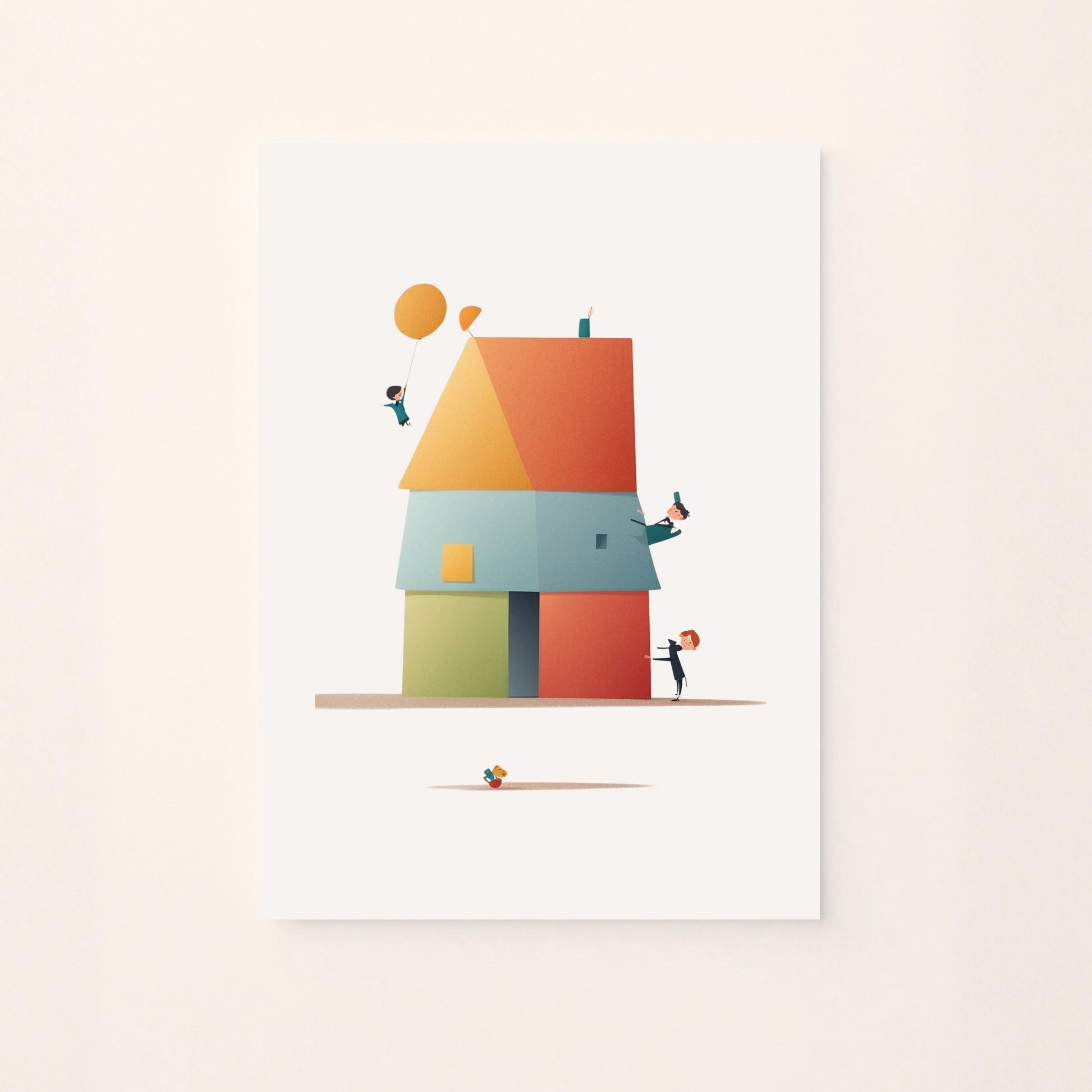 Poster illustrato con una piccola casa all’interno di un quadro su sfondo rosato, ideale per decorare la cameretta dei bambini con un tocco dolce e creativo.
