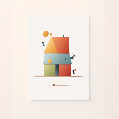 Poster illustrato con una piccola casa all’interno di un quadro su sfondo rosato, ideale per decorare la cameretta dei bambini con un tocco dolce e creativo.
