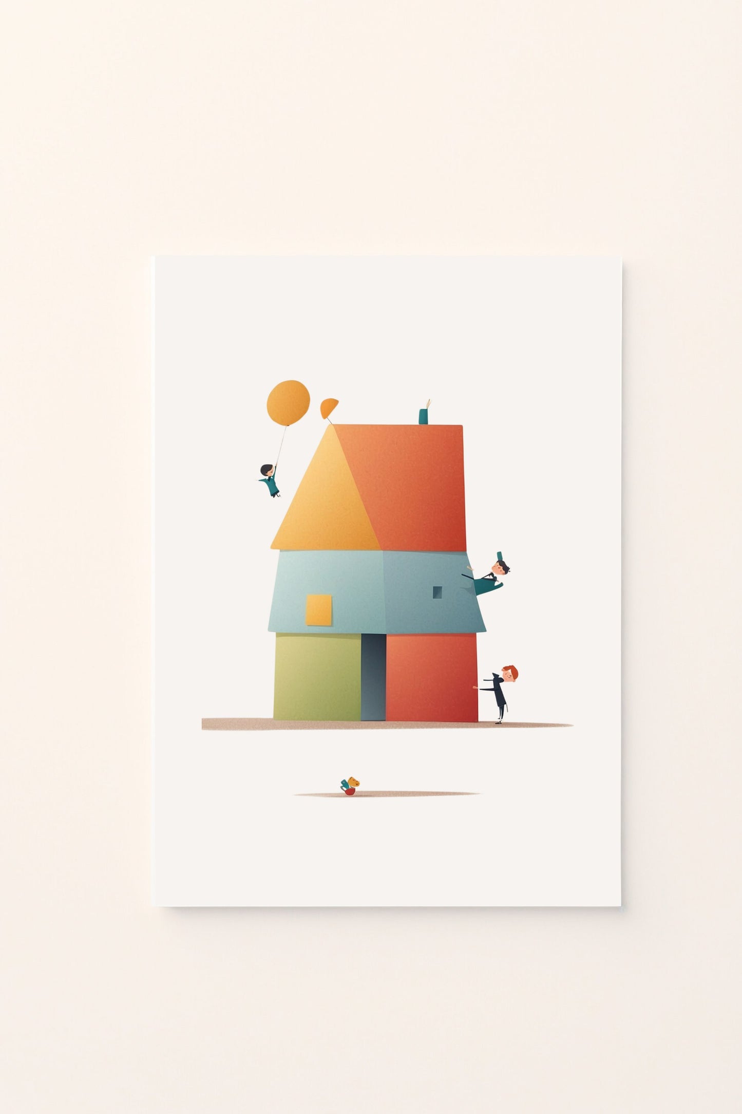 Poster illustrato con una piccola casa all’interno di un quadro su sfondo rosato, ideale per decorare la cameretta dei bambini con un tocco dolce e creativo.
