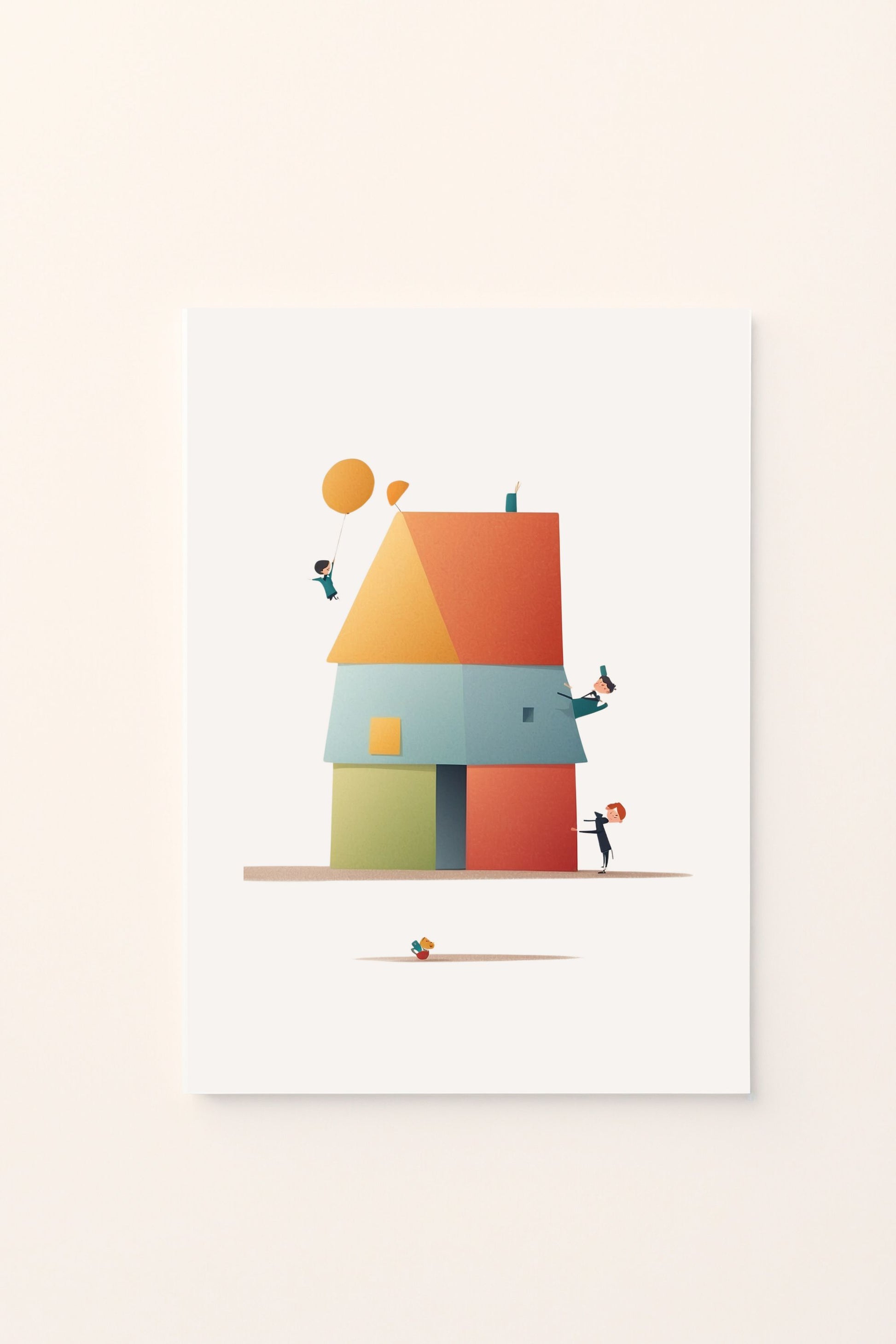 Poster illustrato con una piccola casa all’interno di un quadro su sfondo rosato, ideale per decorare la cameretta dei bambini con un tocco dolce e creativo.
