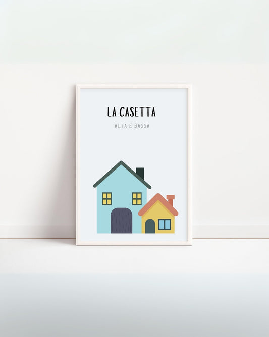 Poster educativo per bambini con casetta alta e casetta bassa, illustrazione geometrica colorata