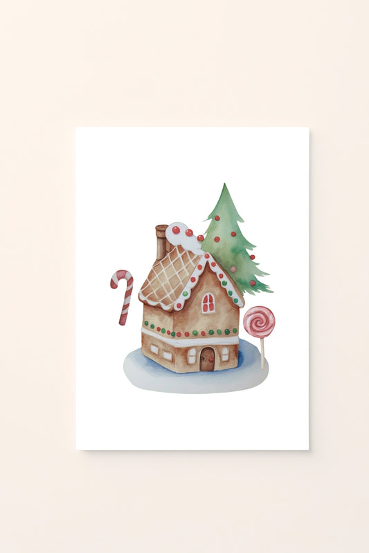 Poster natalizio con casetta di pan di zenzero in acquerello su sfondo rosato, perfetto per decorare la cameretta in modo dolce e festoso.