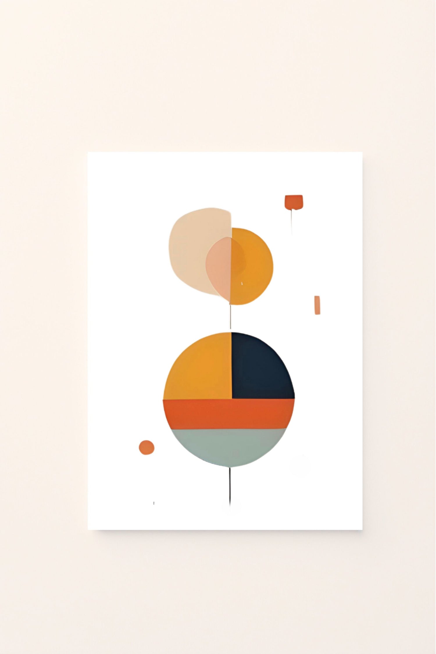 Poster astratto con cerchi e forme geometriche nei toni caldi dell’arancio e del rosa, su sfondo rosato, ideale per decorare camerette moderne o spazi creativi per bambini.