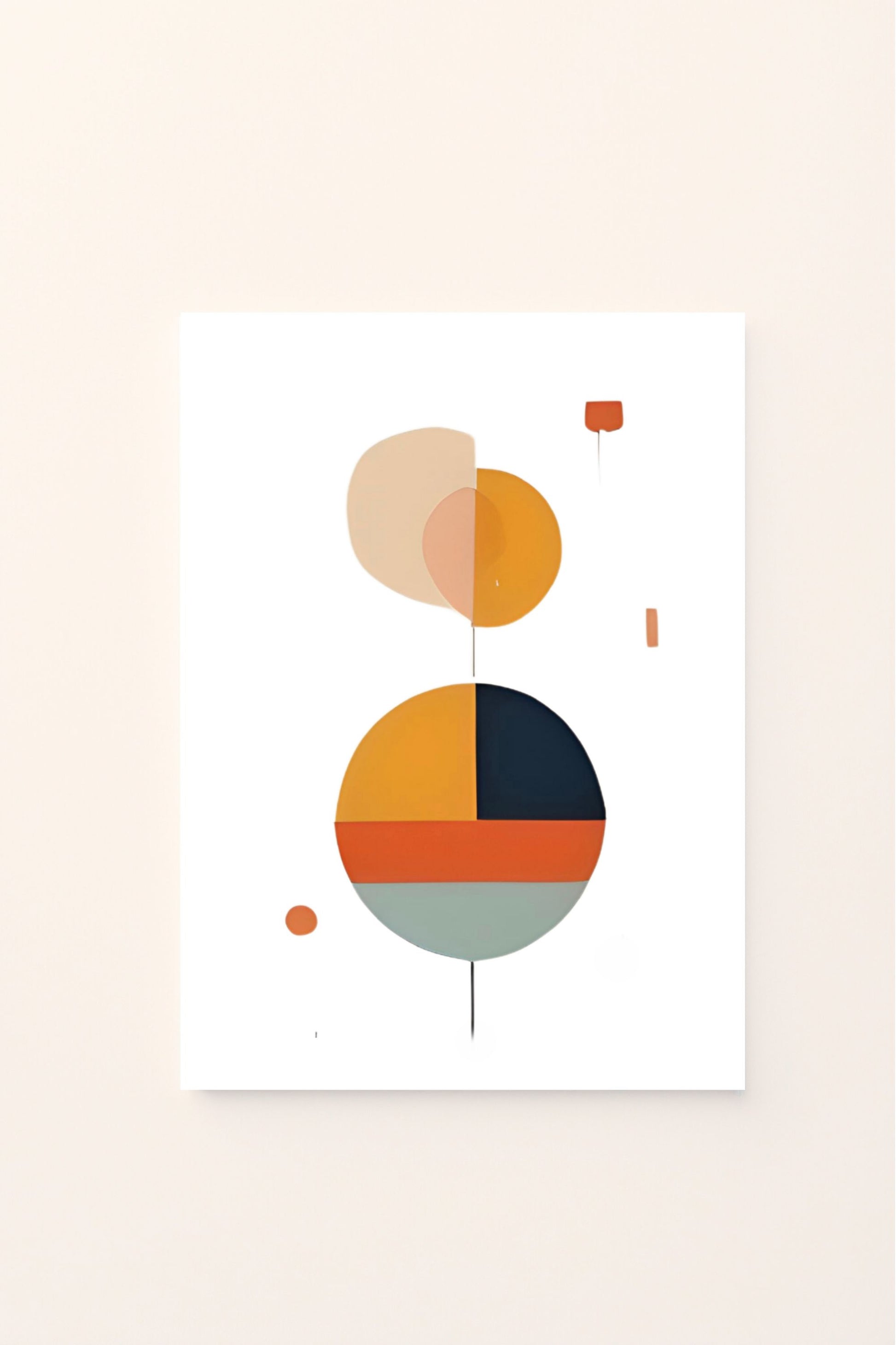 Poster astratto con cerchi e forme geometriche nei toni caldi dell’arancio e del rosa, su sfondo rosato, ideale per decorare camerette moderne o spazi creativi per bambini.
