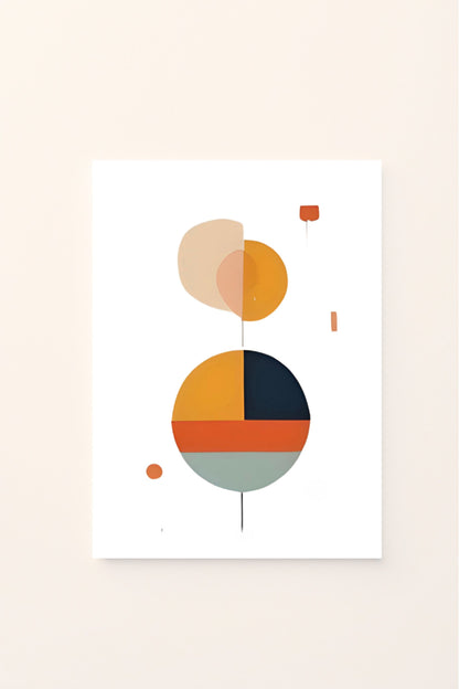 Poster astratto con cerchi e forme geometriche nei toni caldi dell’arancio e del rosa, su sfondo rosato, ideale per decorare camerette moderne o spazi creativi per bambini.