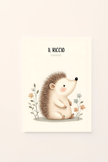 Poster per bambini con riccio grande illustrato in stile delicato, ambientato su sfondo rosato per cameretta.