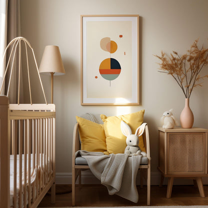 Poster decorativo moderno in cornice legno chiaro, ambientato in cameretta accogliente con poltrona e peluche coniglio.

