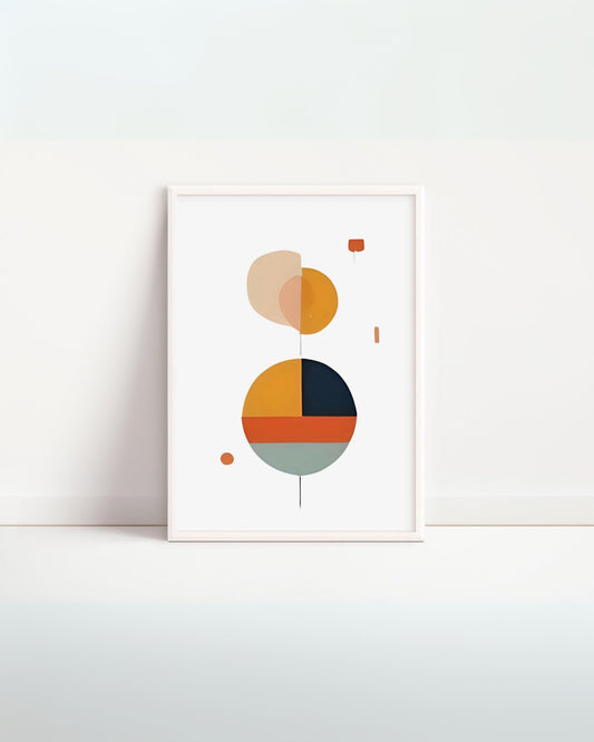 Poster astratto con forme geometriche arancioni e gialle per cameretta bambini, cornice bianca
