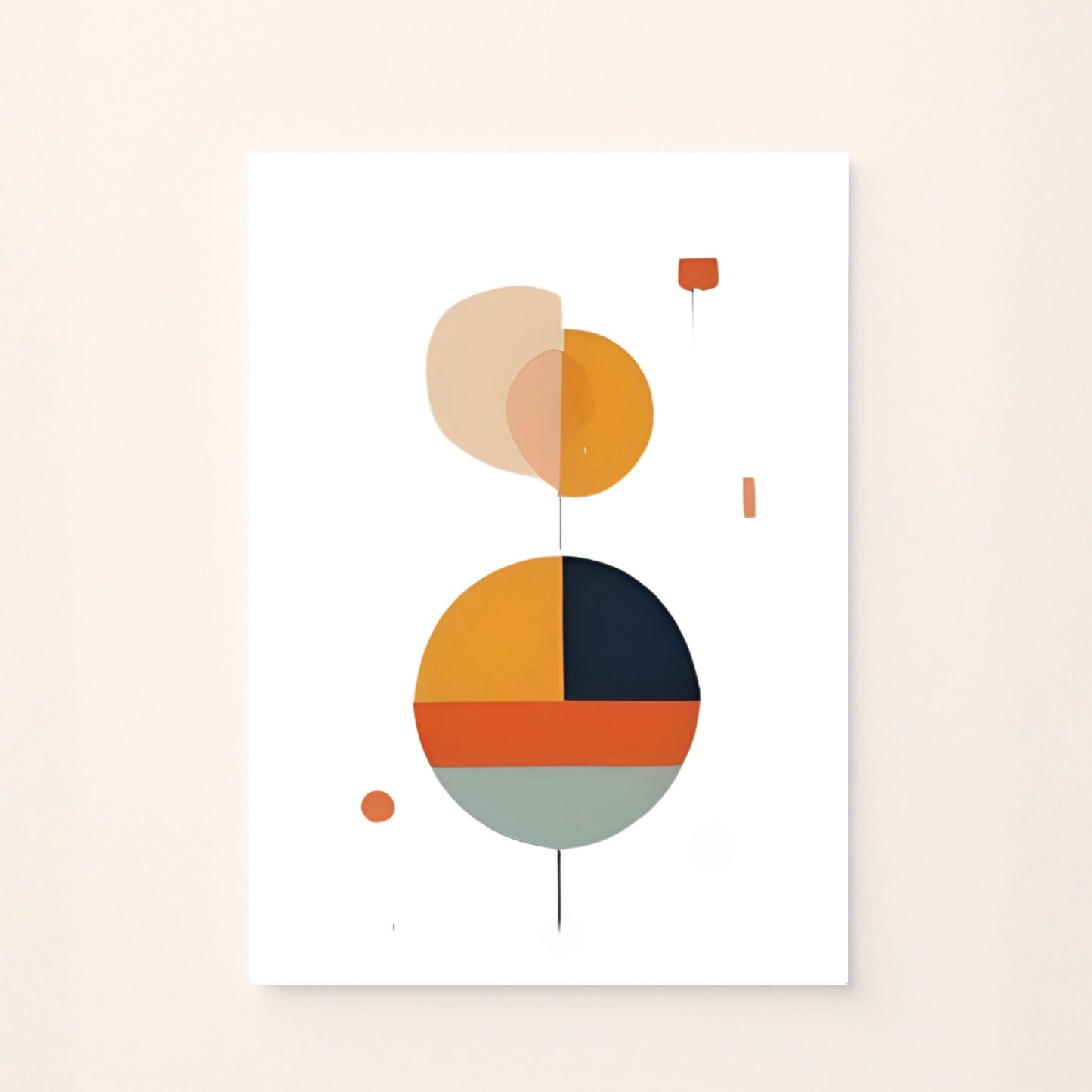 Poster astratto con cerchi e forme geometriche nei toni caldi dell’arancio e del rosa, su sfondo rosato, ideale per decorare camerette moderne o spazi creativi per bambini.