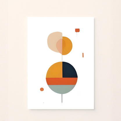 Poster astratto con cerchi e forme geometriche nei toni caldi dell’arancio e del rosa, su sfondo rosato, ideale per decorare camerette moderne o spazi creativi per bambini.