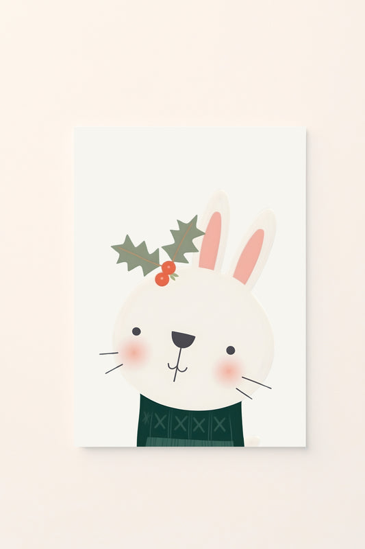 Poster decorativo per bambini con un coniglio natalizio e rametto di agrifoglio, perfetto per la cameretta. Design dolce, delicato e armonioso.
