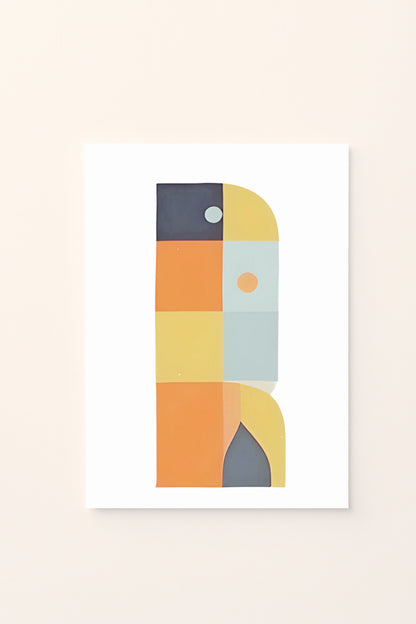 Poster decorativo per bambini con un equilibrio di forme geometriche su sfondo rosato, perfetto per decorare la cameretta e stimolare il senso dell’armonia e dell’osservazione.
