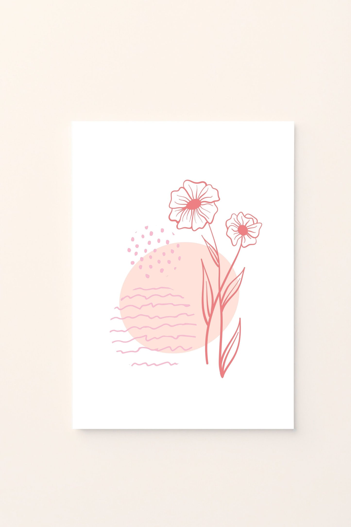 Poster decorativo con fiori stilizzati e onde su sfondo rosato, ideale per aggiungere un tocco delicato e armonioso alla cameretta dei bambini.