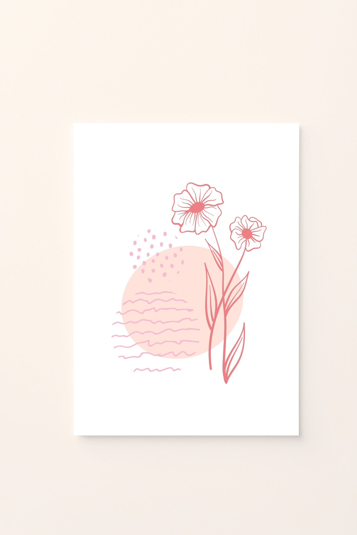 Poster decorativo con fiori stilizzati e onde su sfondo rosato, ideale per aggiungere un tocco delicato e armonioso alla cameretta dei bambini.