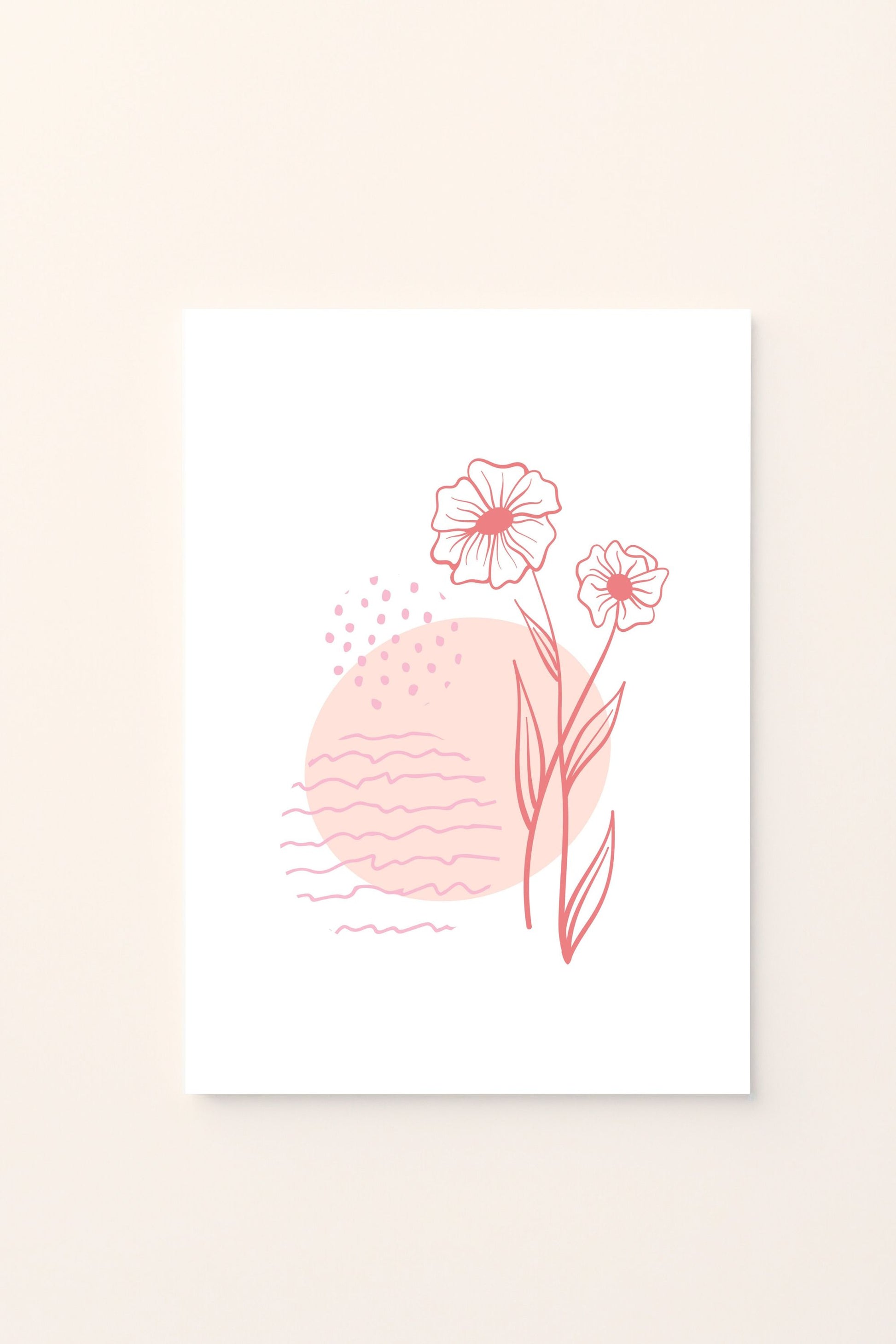 Poster decorativo con fiori stilizzati e onde su sfondo rosato, ideale per aggiungere un tocco delicato e armonioso alla cameretta dei bambini.