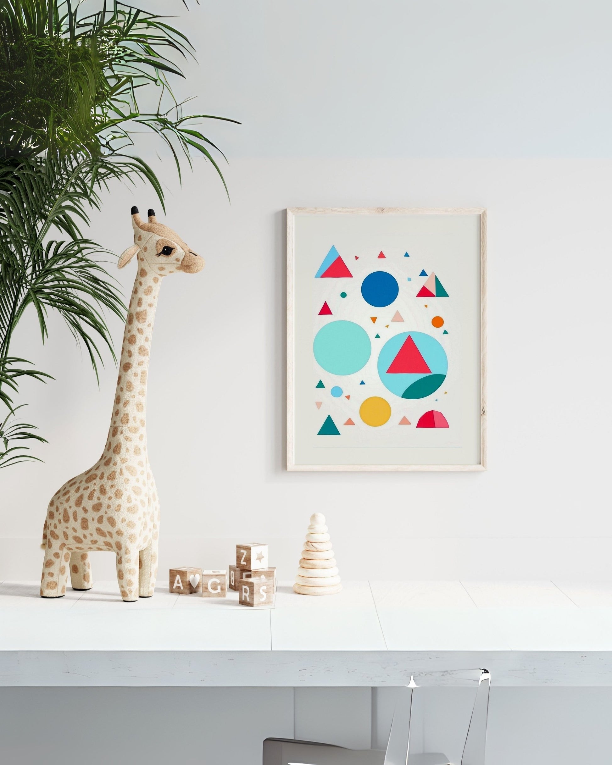 Poster con forme geometriche colorate appeso in una cameretta, accanto a una giraffa di peluche e giochi educativi.