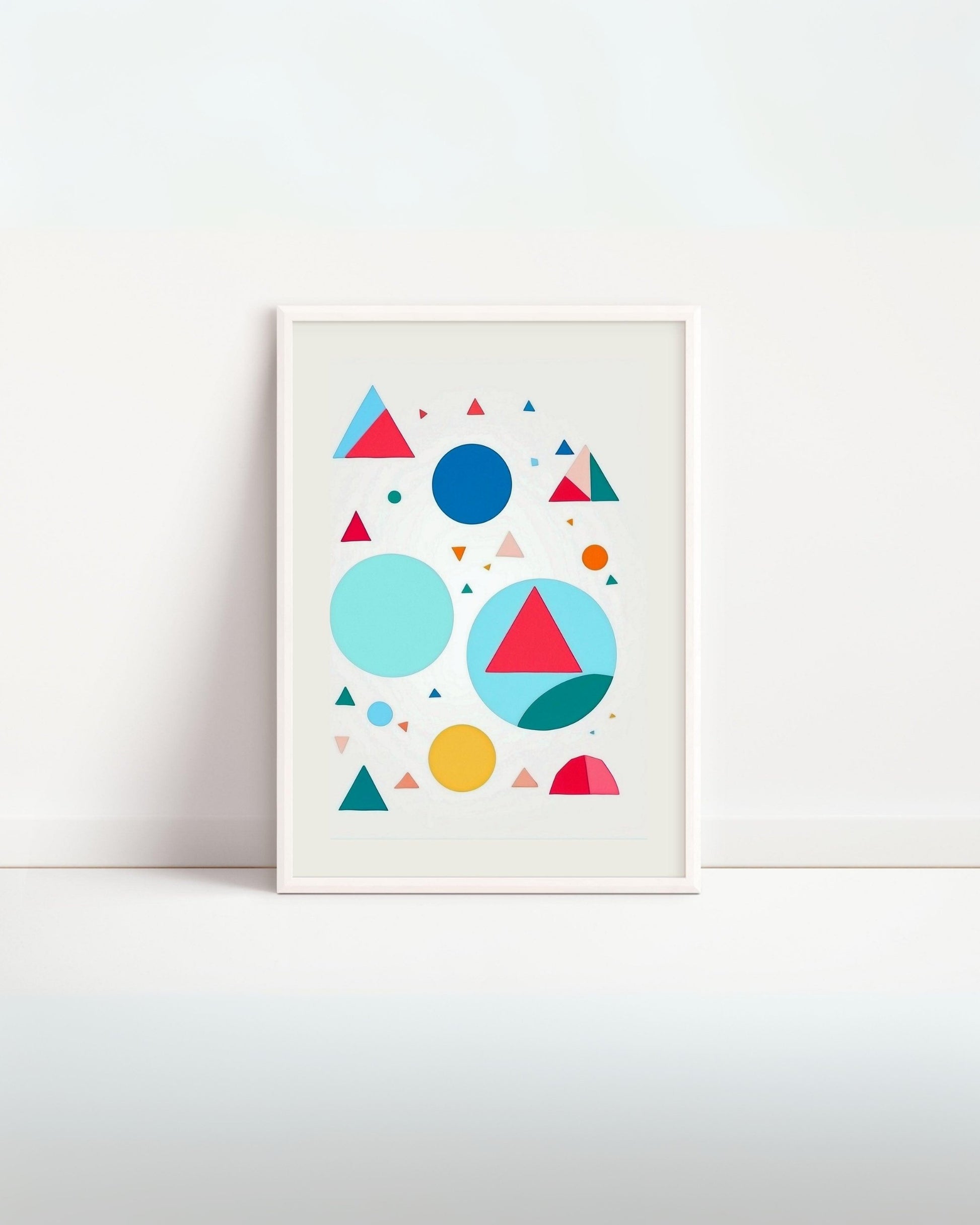 Poster educativo con forme geometriche colorate, ideale per decorare la cameretta dei bambini e imparare le forme.