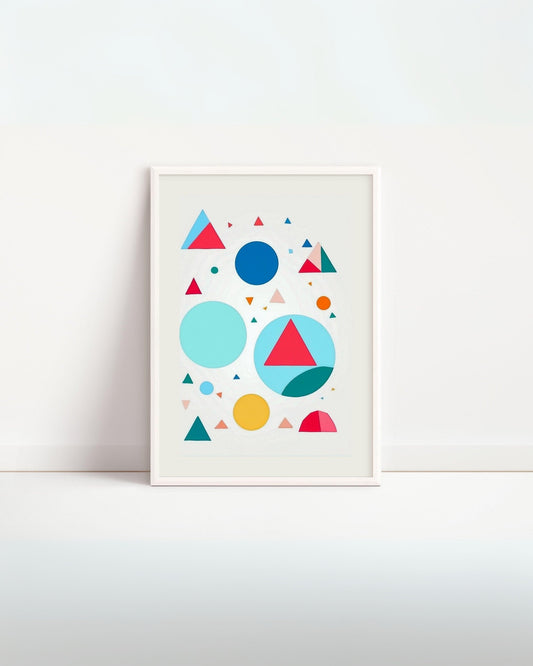 Poster educativo con forme geometriche colorate, ideale per decorare la cameretta dei bambini e imparare le forme.